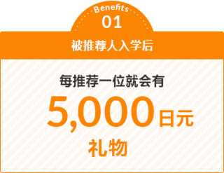 通过福利01 推荐人入学后，每人将获得 5,000日元的礼品