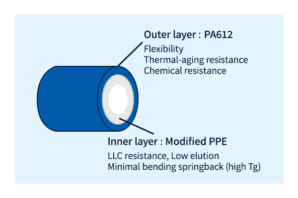 Sự kết hợp của nhựa PPE biến tính lớp bên trong XYRON™ / lớp ngoài polyamide (PA) 612 nhựa LEONA™ Thành phần lớp