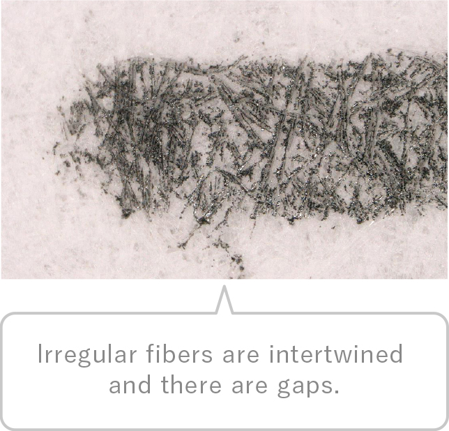 Irregular fibers are intertwined and there are gaps.