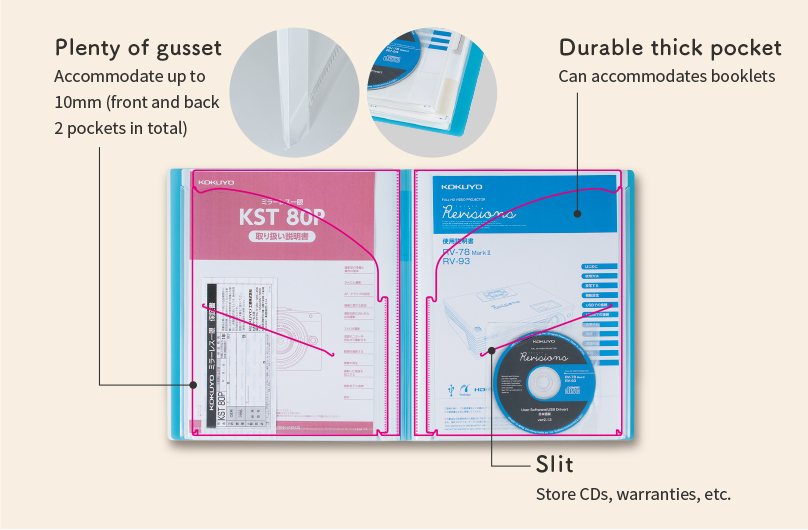 Plenty of gusset: Compatible with thicknesses up to 10mm (both front and back pockets combined)/Durable thick type pocket: Holds booklets securely/With slit: Stores CDs, warranties, etc.