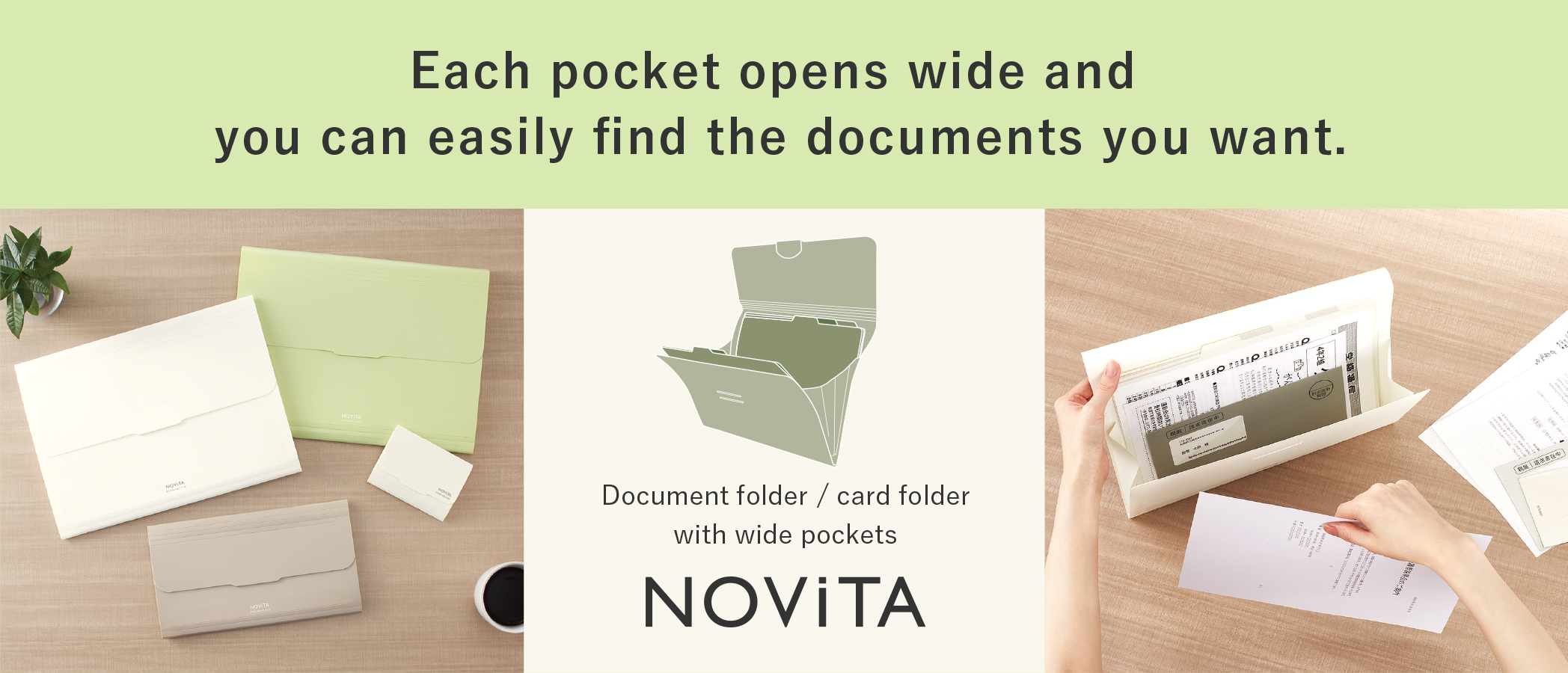 Each pocket opens wide so you can easily find the documents you want Document file/card holder with wide pockets NOViTA