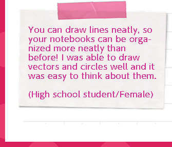 You can draw lines neatly, so your notes can be organized more neatly than before! I was able to draw vectors and circles well and it was easy to think about them. (High school student/girl)