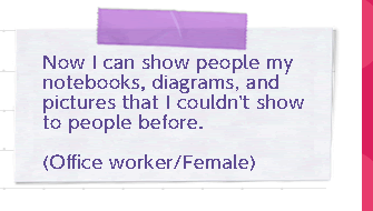 Now I can show people my notes, diagrams, and pictures that I couldn't show to people before. (Worker/Female)